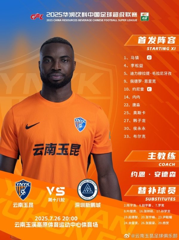 云南玉昆vs深圳新鹏城 本场比赛首发名单