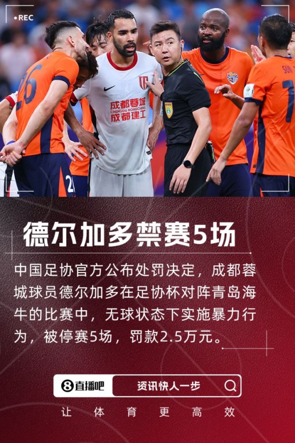 重罚！足协官方：德尔增加无球实施暴力行径，停赛5场罚金2.5万！