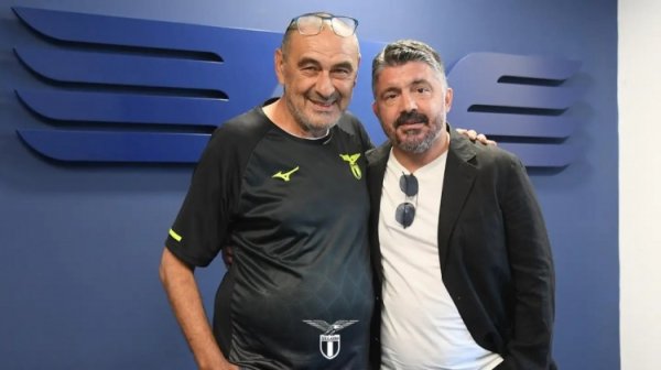 意大利国度队主帅加图索到访拉王人奥检修基地，受到萨里陶冶接待