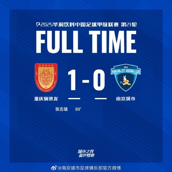全场比赛适度，南京城市客场0:1负于重庆铜梁龙