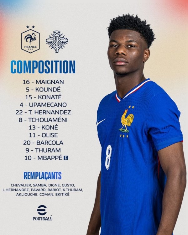 法国vs冰岛首发：姆巴佩、小图拉姆、奥利塞先发，巴尔科拉出战