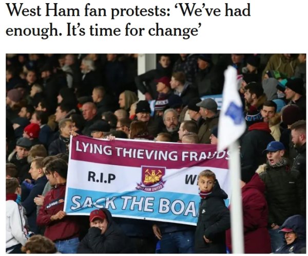 TA：西汉姆球迷谋略不才周六对阵水晶宫比赛时，抗议球队董事会